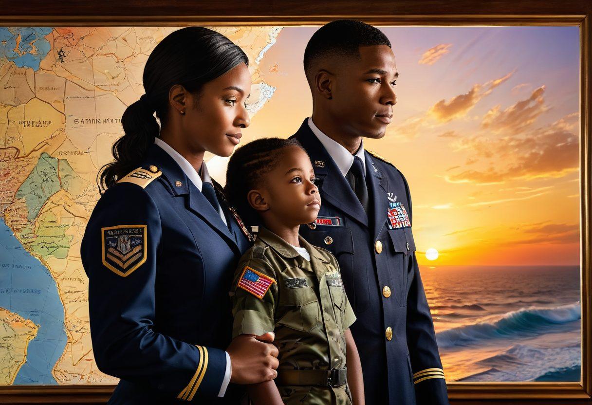 An inspiring scene showing a military hero in uniform, standing proudly with a family member, both looking at an open map that symbolizes policies and claims. In the background, a blend of symbolic icons representing support, protection, and guidance, such as shields and helping hands. A warm sunset casts a glow, symbolizing hope and security. super-realistic. vibrant colors. uplifting atmosphere.