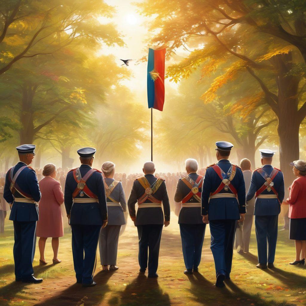 A warm and heartfelt illustration featuring a diverse group of veterans, proudly displaying their medals, surrounded by supportive family members and friends. In the background, an abstract symbol of strength and resilience, like an eagle or a shield, soars above them. The setting is a sunlit park, symbolizing peace and community, with a banner that reads 'Guarding Our Heroes' gently waving. super-realistic. vibrant colors. warm lighting.